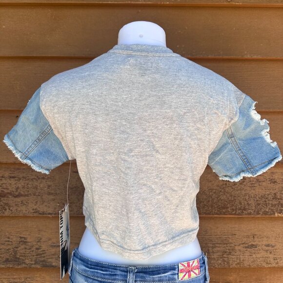 Thrill Jeans Cropped Tee With Distressed Denim Sleeves & Pocket Gray/Blue Womens - Picture 5 of 10